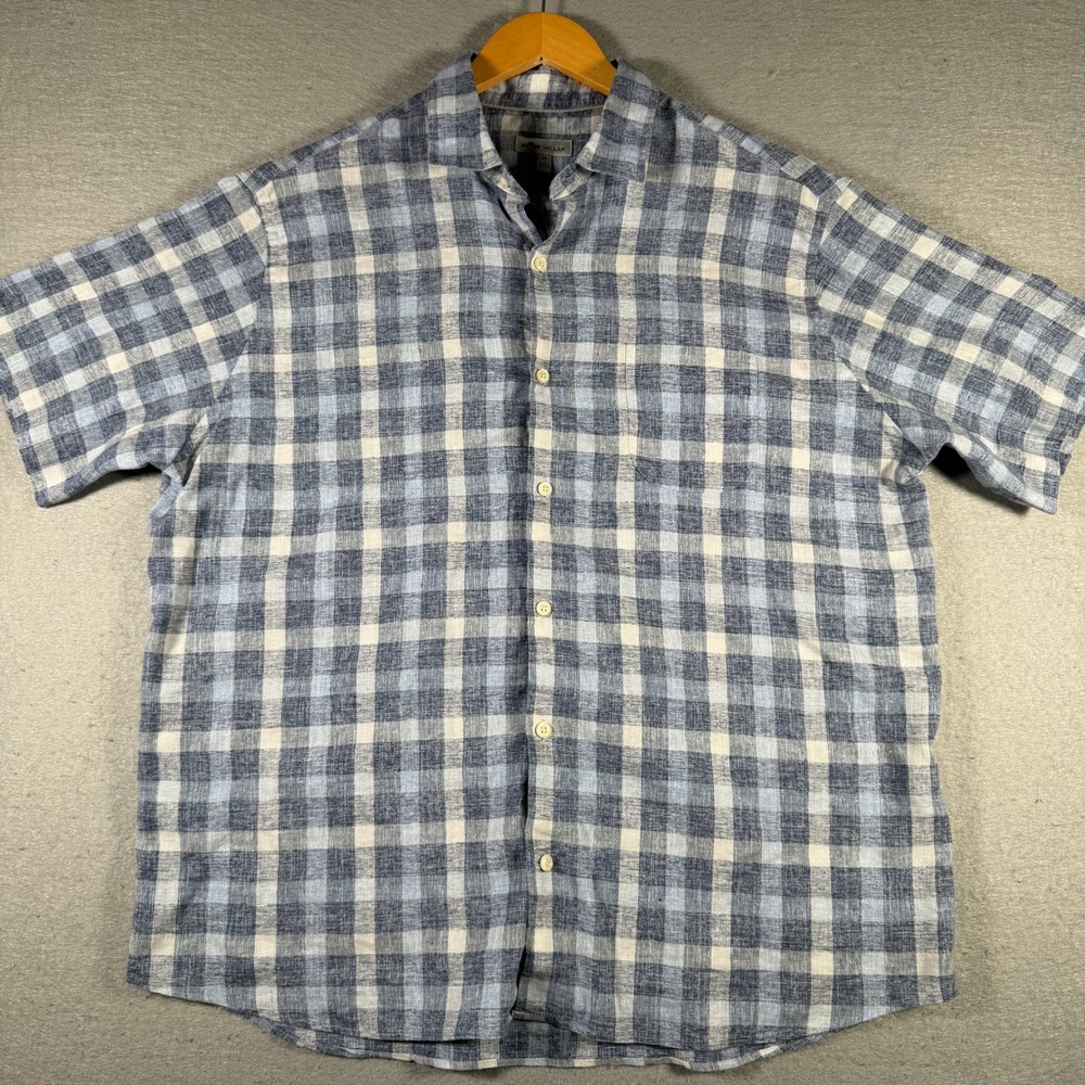 Peter Millar Mens Blue Plaid Linen Blend Button Up Shirt XL MS21W03CFS